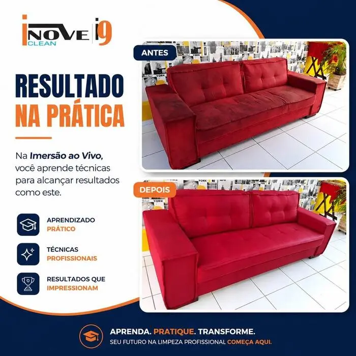 Resultado antes e depois — sofá vermelho higienizado